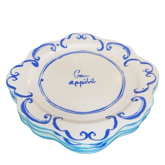 Anthropologie Bonjour “Bon Appétit” Dinner Plates – Set of 4 Blue & White 10.5” - Picture 2 of 4